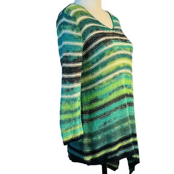 Chico's Asymmetric Hem Variegated Striped Sweater Turquoise Blue White Women M - Picture 3 of 10